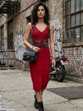 Vintage Midi dress full button front v neck front / back crochet lattice detail